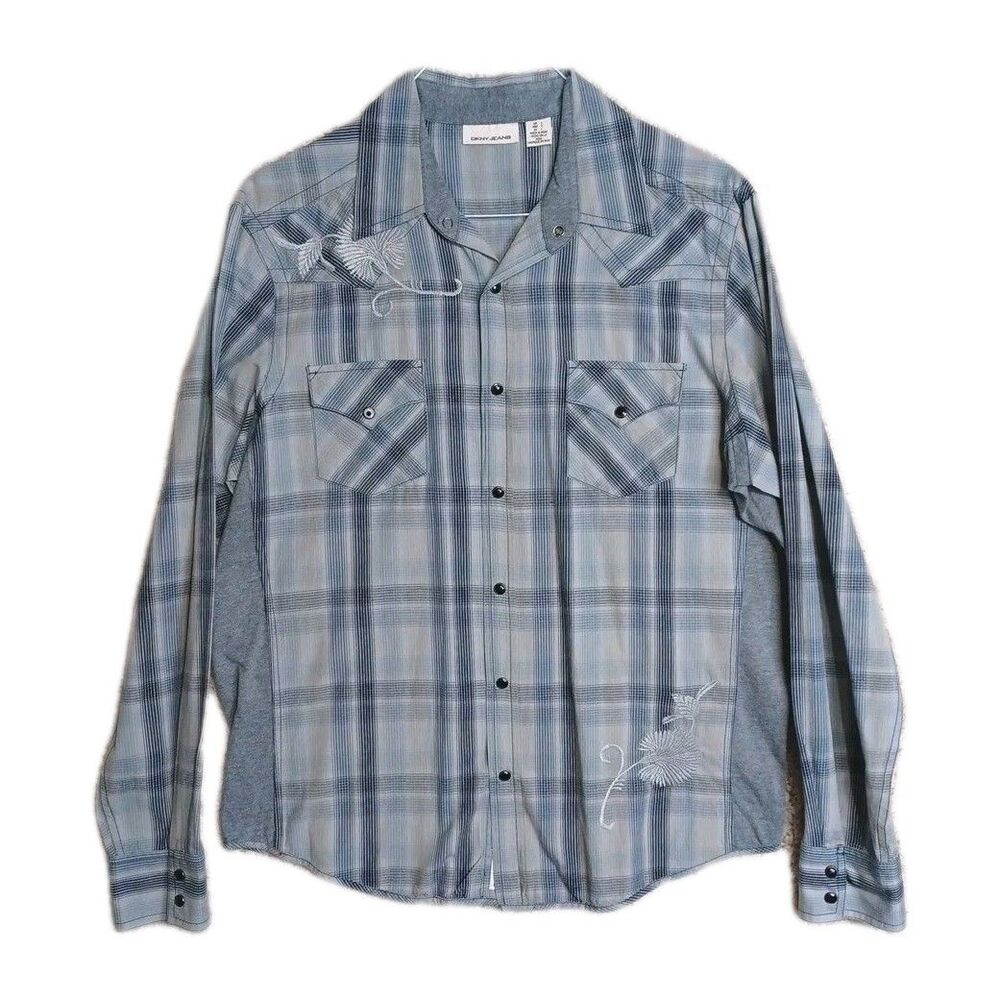 DKNY Jeans Mens Large Gray Button Up Shirt Embroidered Flower Floral Long Sleeve